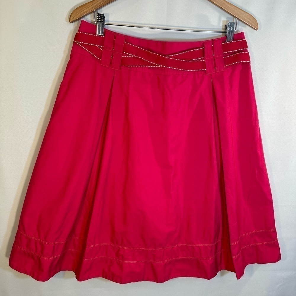 Liz Claiborne 100% Cotton Hot Pink Fit & Flared Pleated Belted Knee Length Skirt - Picture 1 of 8
